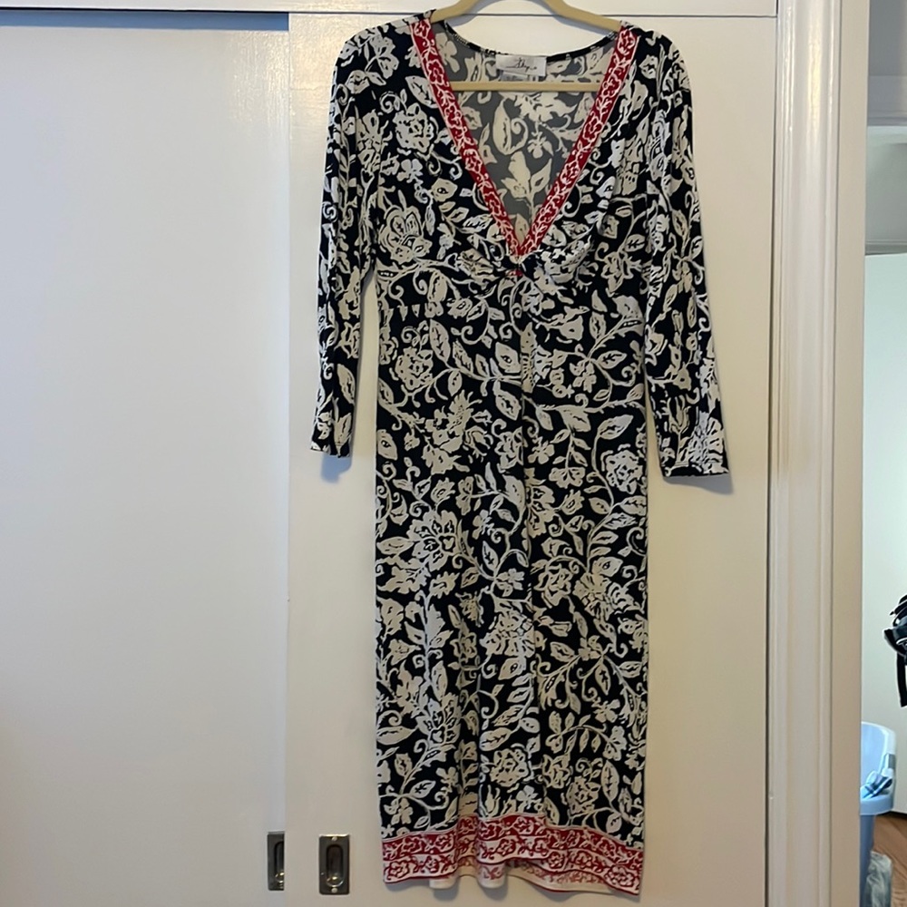 Black & White Floral with Red Trim V-Neck Dress 8